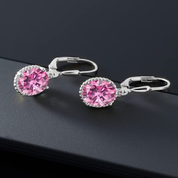 925 Sterling Silver with 4.00 Cttw Pink Moissanite Oval Leverback Hook Earrings - Picture 2 of 4